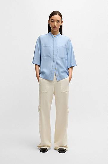 Риза BOSS Relaxed-Fit Twill Stand Collar Blouse Синьо | 50530571, 1