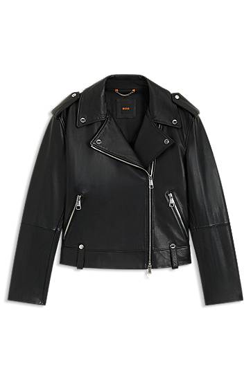Яке BOSS Grained Leather Jacket with Silver-Tone Trims Черно | 50541769