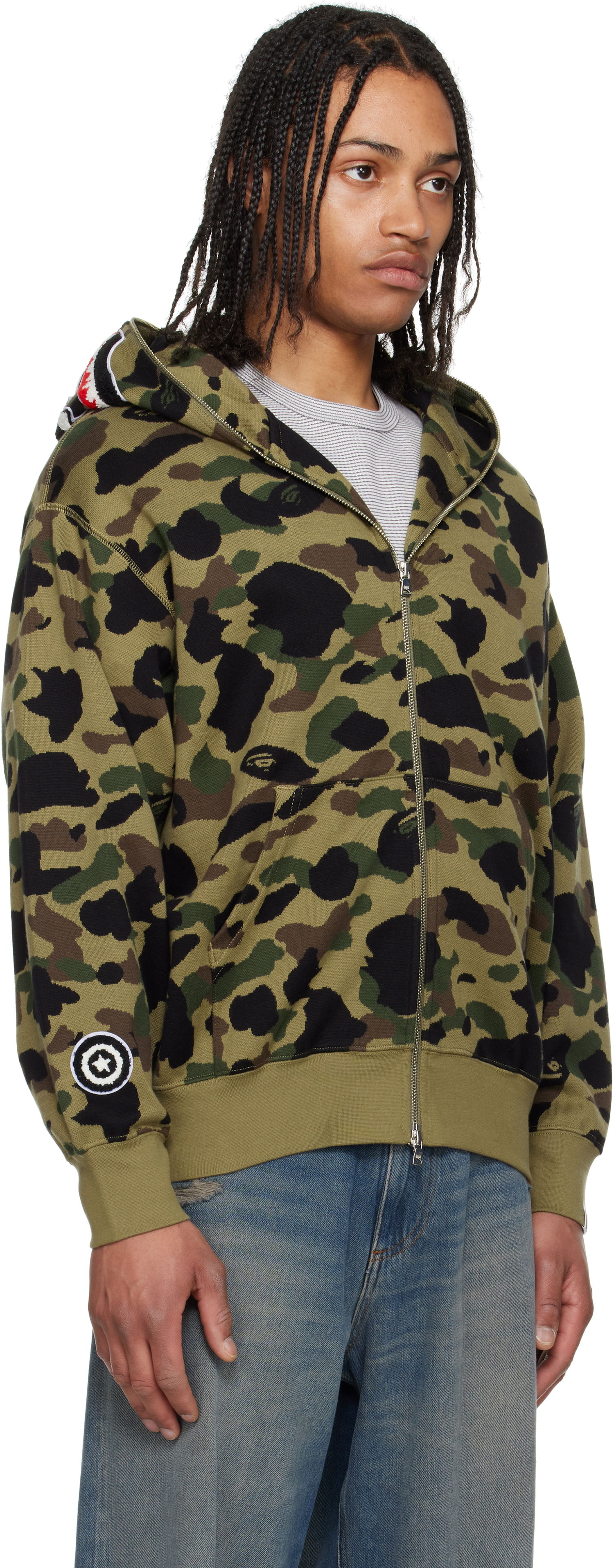 Суитчър BAPE A Bathing Ape 1st Camo Jacquard Shark Full Zip Hoodie Зелено | 001ZPL301304M, 1