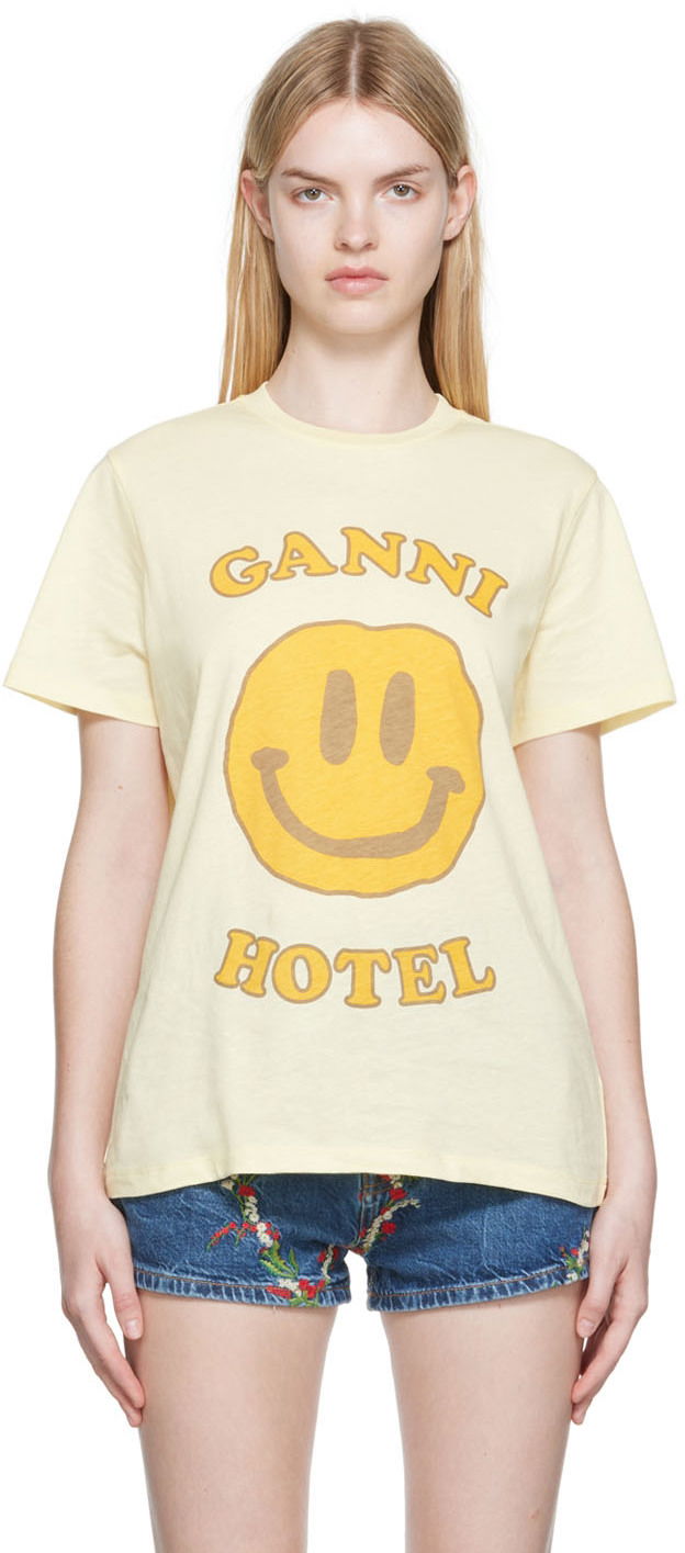 Тениска GANNI GANNI Smiley Hotel Graphic T-Shirt Бежово | T3224