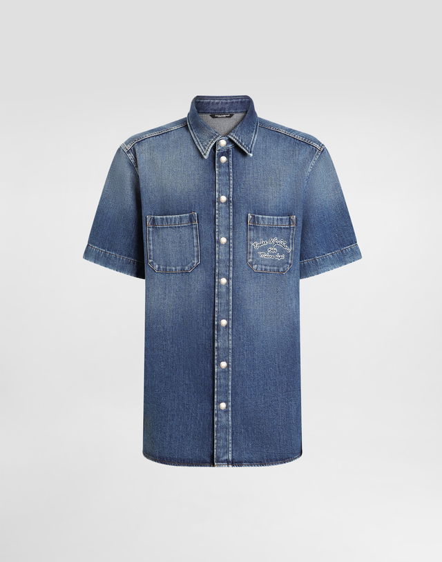 Dolce & Gabbana Short-Sleeved Denim Shirt with Embroidered Logo and Chest Pockets