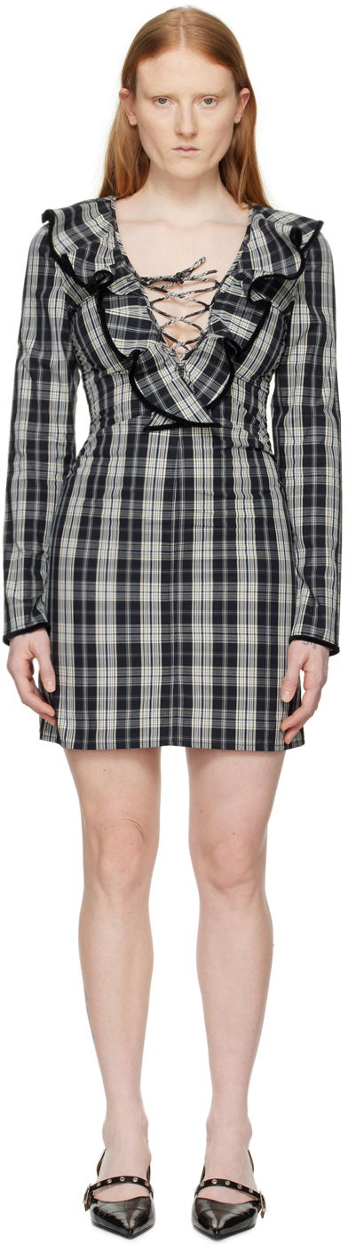 Plaid Ruffle Lace-up Long-sleeve Minidress