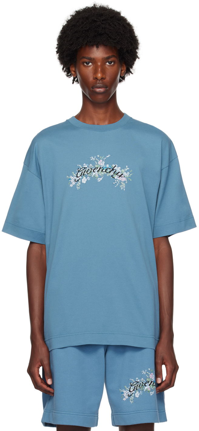 Тениска Givenchy Blue Floral Logo T-Shirt Синьо | BM71JA3YMU495