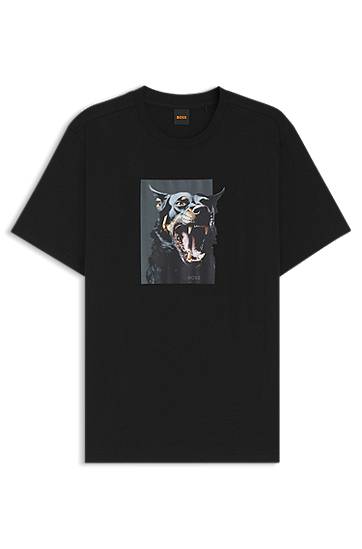 Тениска BOSS Cotton-jersey T-shirt with snarling dog artwork Черно | 50558965, 0