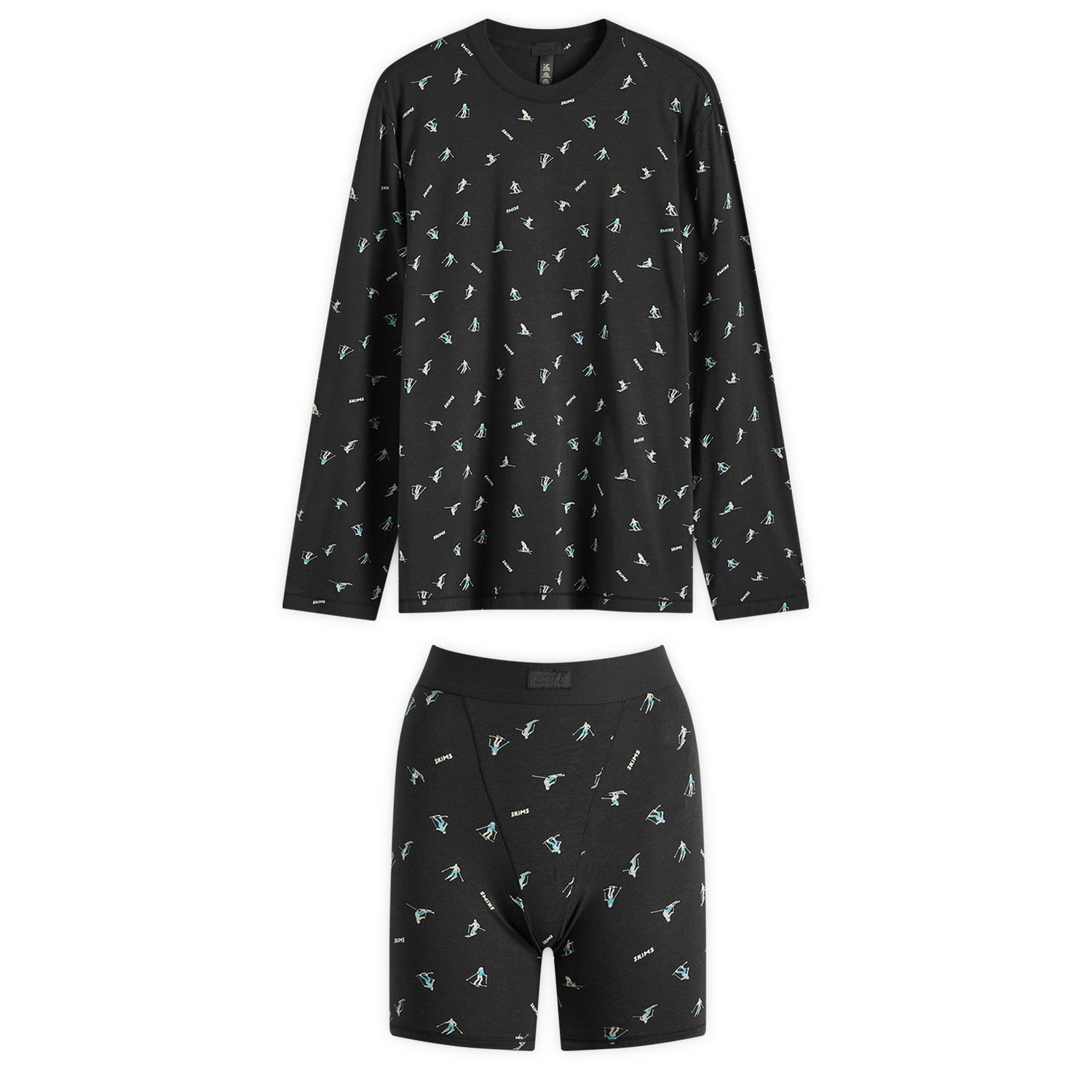 Пижама SKIMS Boyfriend Long Sleeve T-Shirt and Shorts Sleep Set, Ski Print Черно | ST-SST-4526-ONYXSKIPRINT, 1