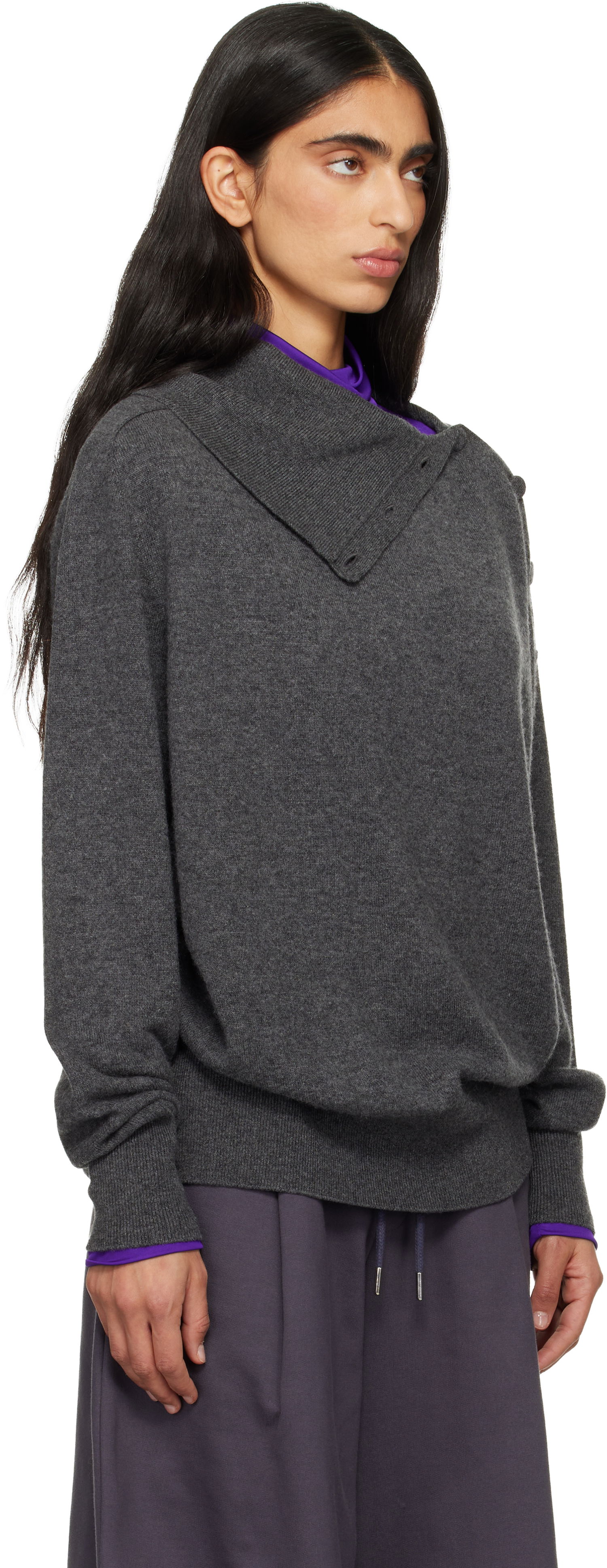 Пуловер Dries Van Noten Dries Van Noten Loose Cashmere Asymmetric Buttoned Collar Sweater Сиво | 252-011216-2704, 1