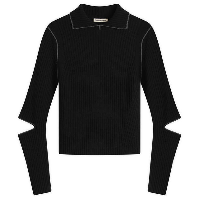Peeka Ribbed Knit Top with Collar and Cut-Out Sleeves