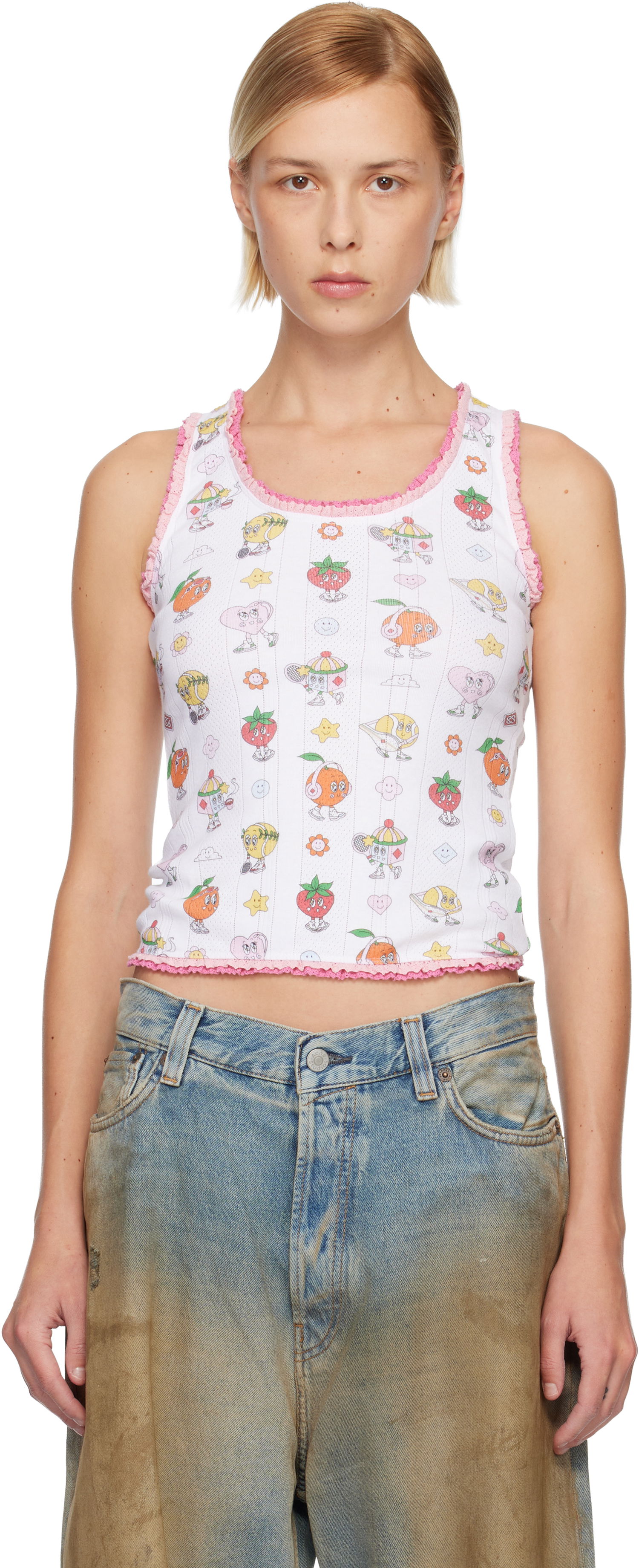Потник Casablanca Cartoon Print Ribbed Frill Tank Top Бяло | W-AW25-JTS-053-01, 0