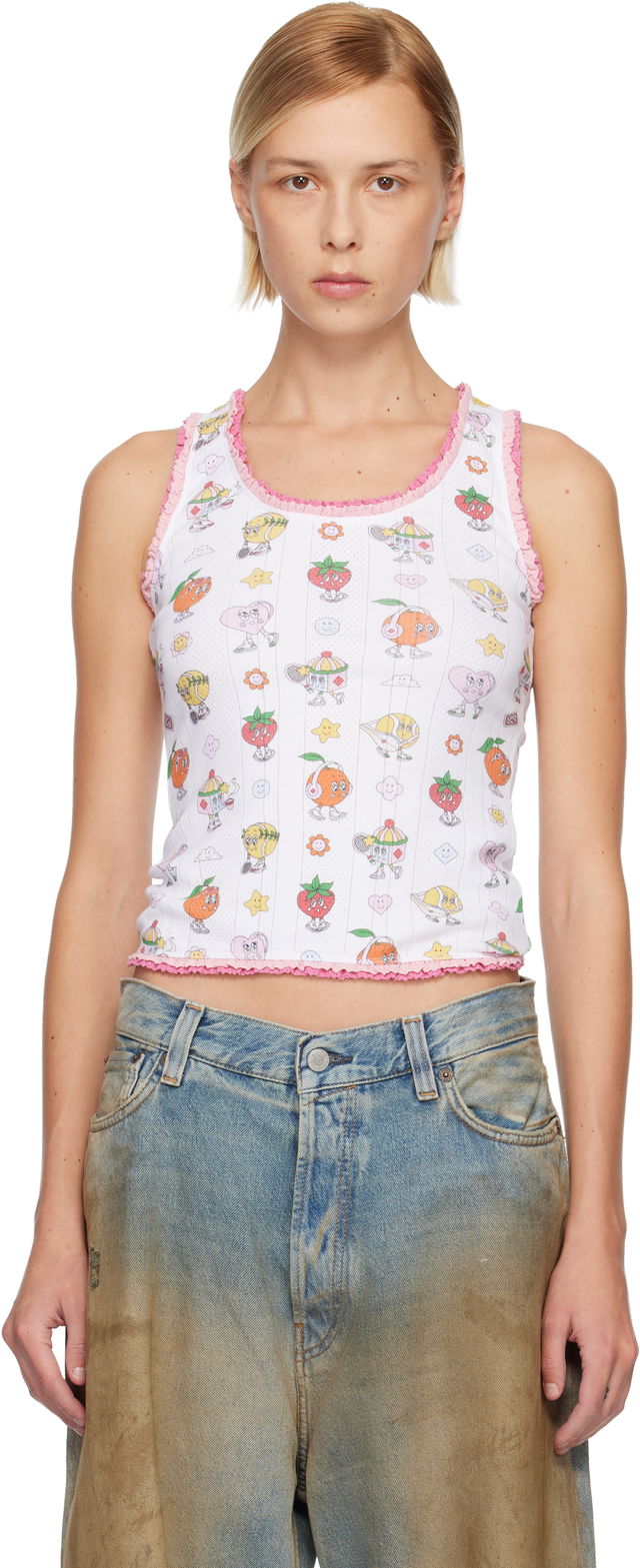 Cartoon Print Ribbed Frill Tank Top