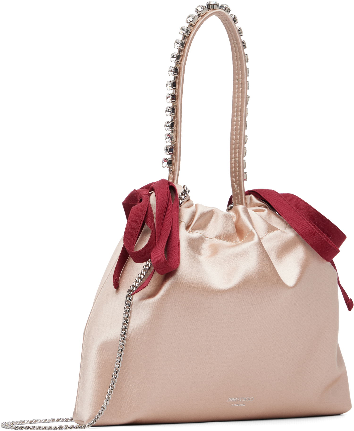 Дамска чанта Jimmy Choo Satin Drawstring Mini Bag with Crystal Top Handle and Red Bows Бежово | DRAWSTRING MINI TH, 1