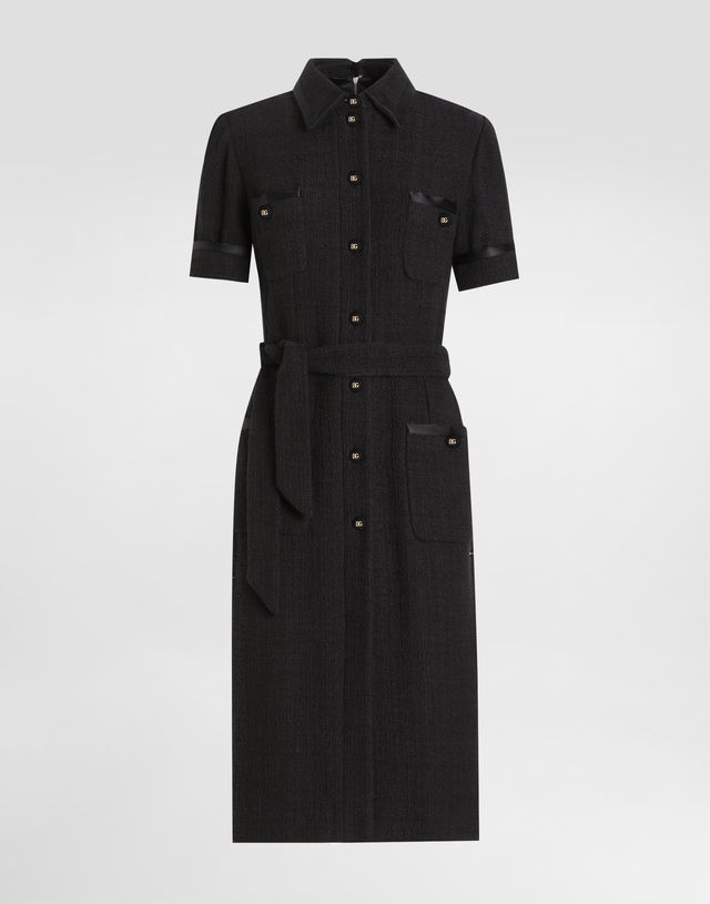 Dolce & Gabbana Calf-Length Raschel Tweed Dress with Sateen Details