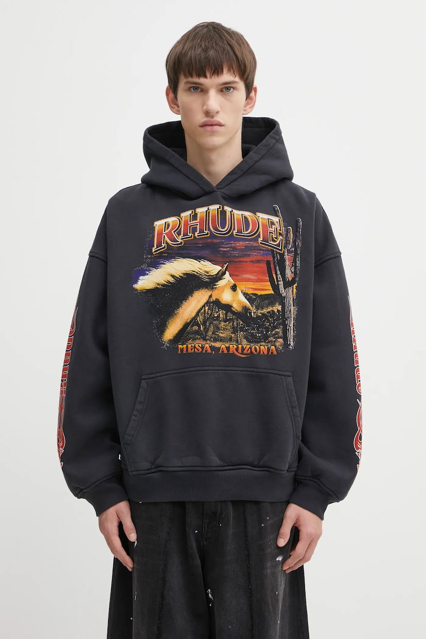 Суитчър Rhude Cotton Graphic Hooded Sweatshirt Mesa Arizona Stallion Черно | RHFW25HO04012
