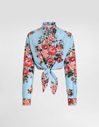 Flower Bouquet-print Tie-front Long-sleeved Cotton Shirt