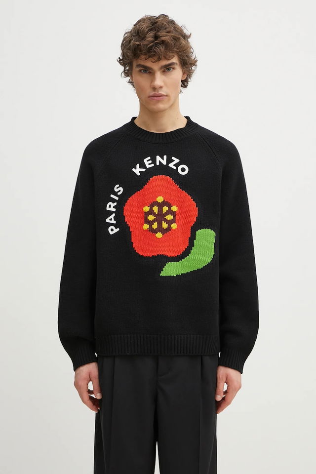 Pop Collection Wool Warm Sweater with Red Flower Paris Design