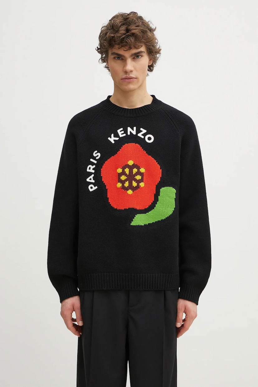 Пуловер KENZO Pop Collection Wool Warm Sweater with Red Flower Paris Design Черно | FF55PU7223LA.99J