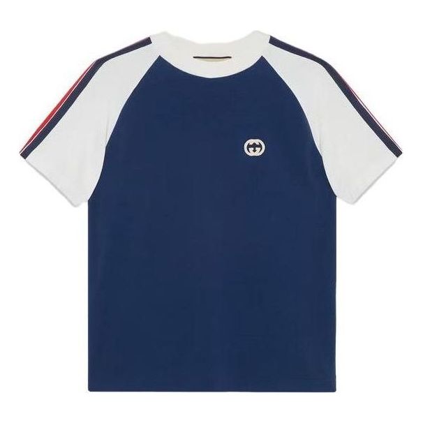 Тениска Gucci Gucci Cotton Jersey T-Shirt with Interlocking G Patch Синьо | 752191-XJFR5-4912