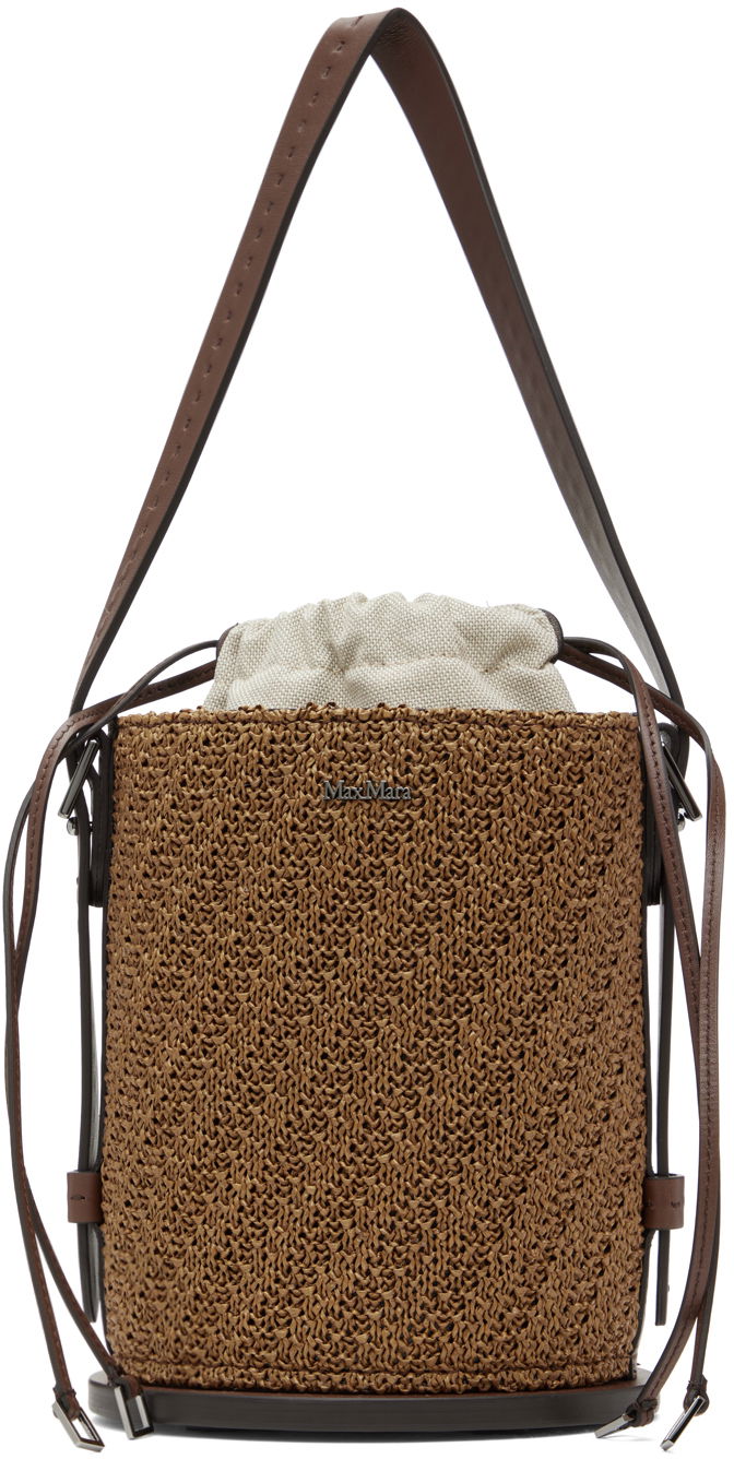 Голяма пазарска чанта Max Mara Archetipo Leather-Trimmed Raffia Bucket Bag Кафяво | 2414511032600, 0