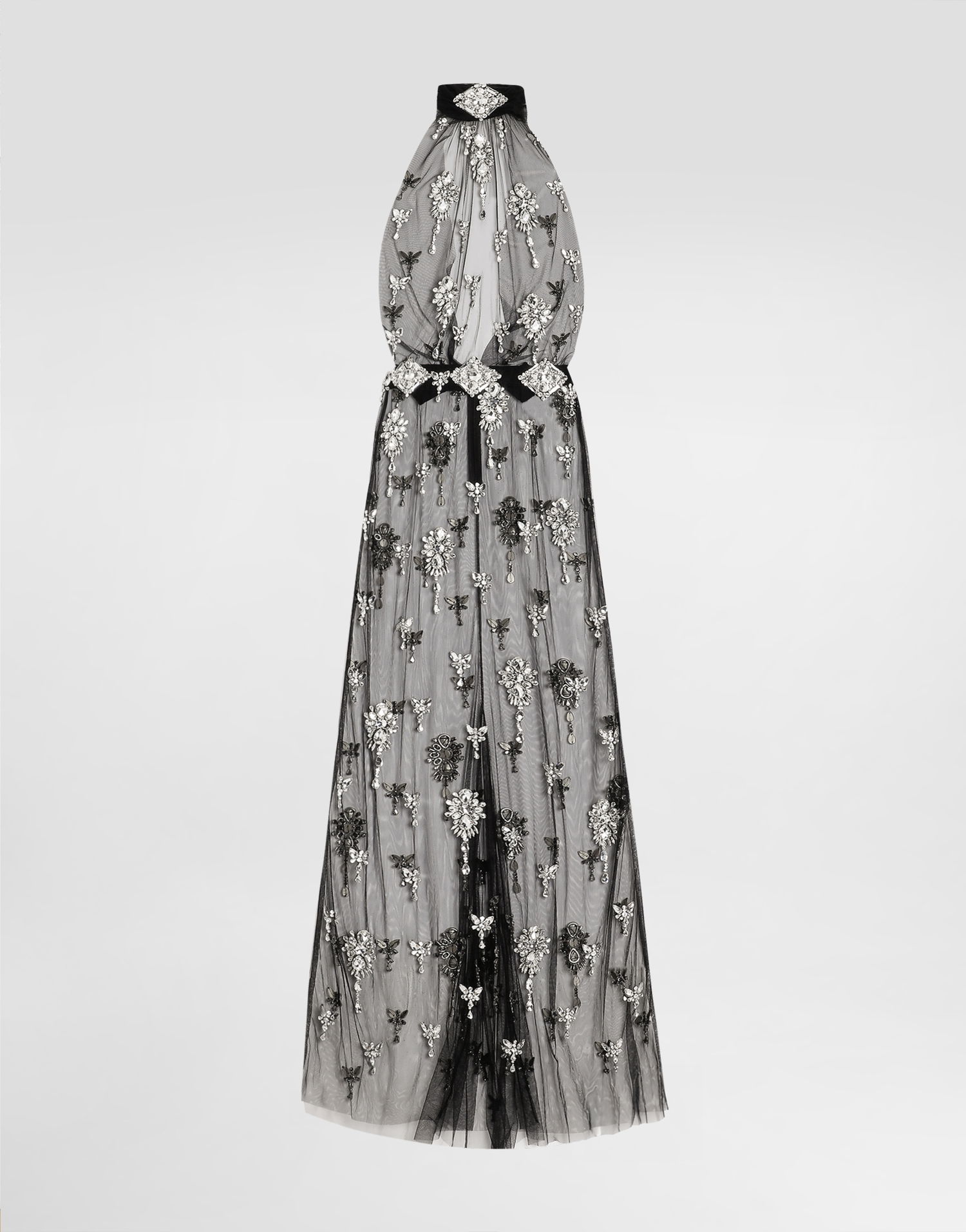 Pокля Dolce & Gabbana Dolce & Gabbana Rhinestone Embroidered Tulle Maxi Dress Черно | F60D9ZGDDF3S8400, 0
