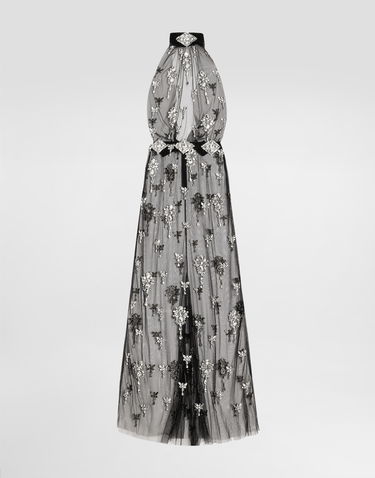 Pокля Dolce & Gabbana Dolce & Gabbana Rhinestone Embroidered Tulle Maxi Dress Черно | F60D9ZGDDF3S8400, 0