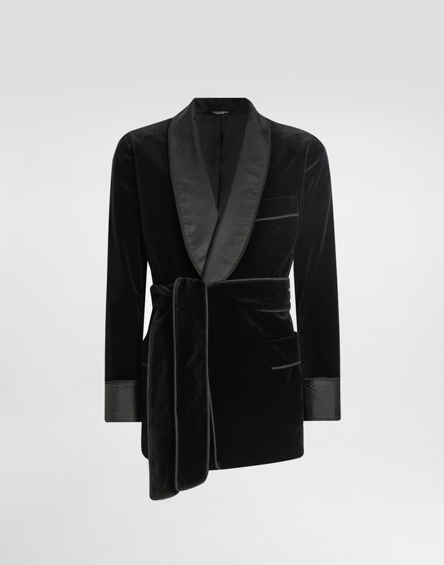 Dolce & Gabbana Smooth Velvet Robe with Polka-Dot Lapels and Braided Trim