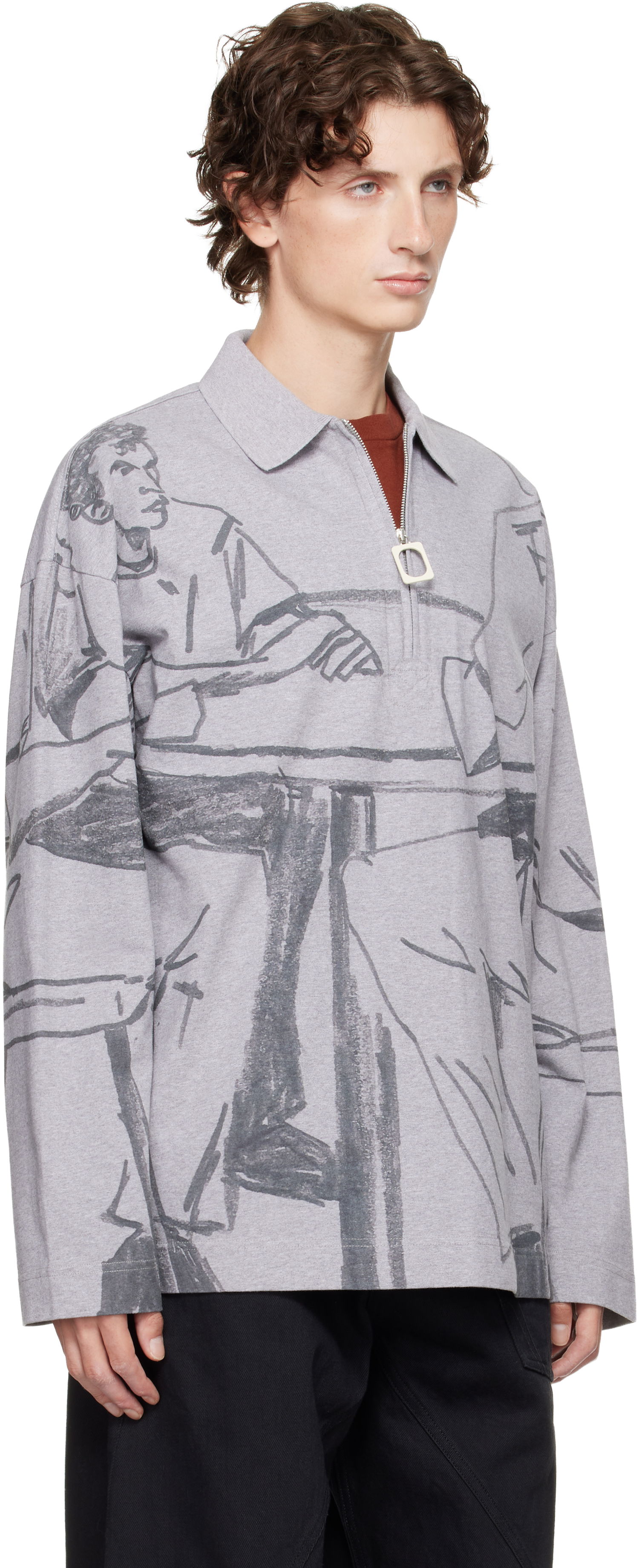 Поло тениска JW Anderson JW Anderson Figure Print Long-Sleeve Quarter-Zip Polo Сиво | JO0274-PG1755, 1