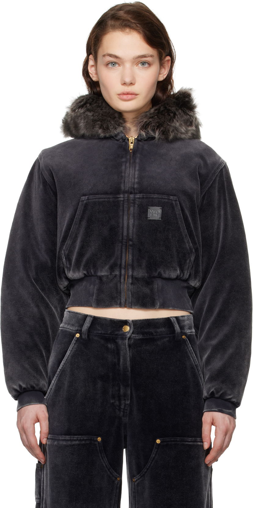 Суитчър Alexander Wang Velour Workwear Shearling Trim Jacket Черно | 4CC4242106