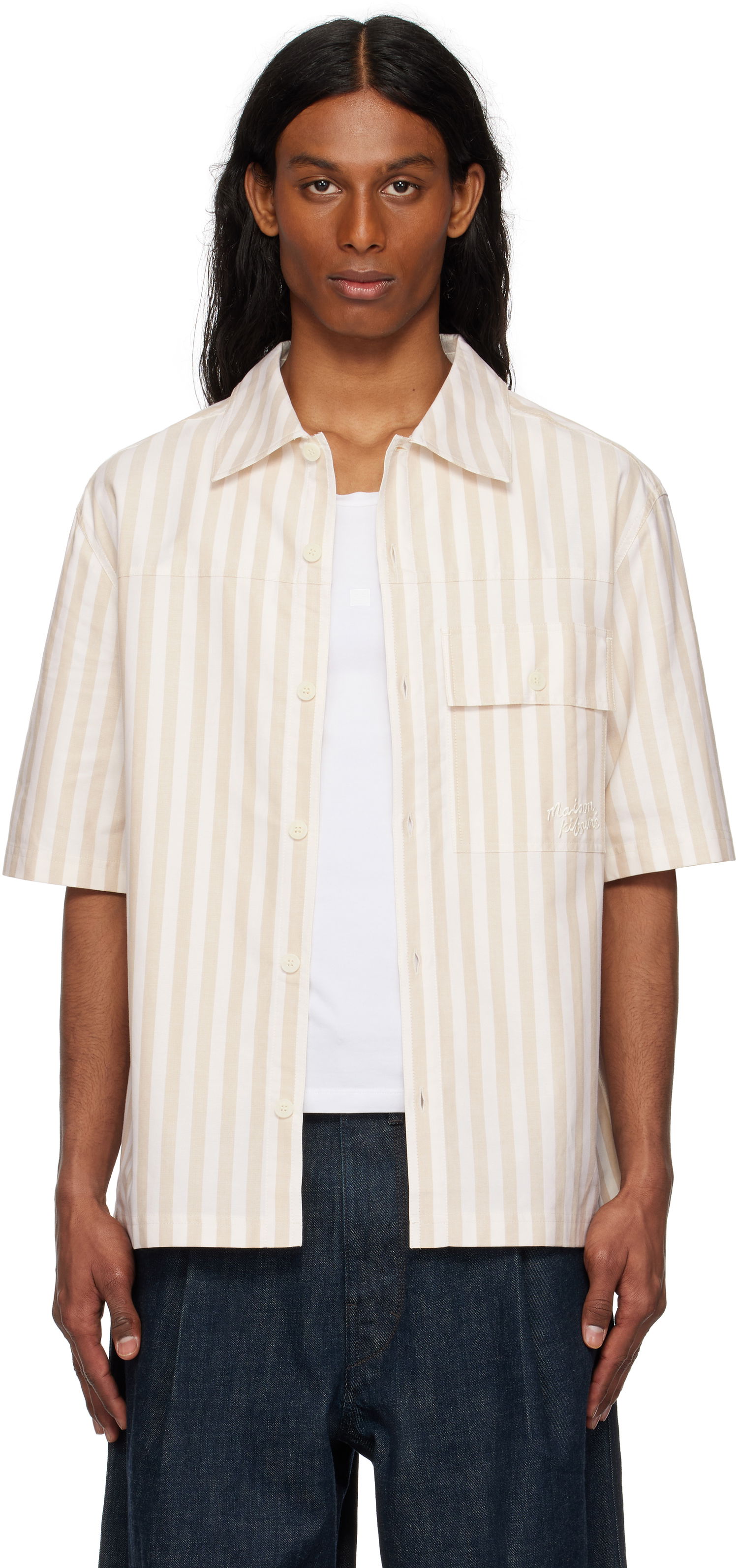 Риза MAISON KITSUNÉ Maison Kitsuné Short Sleeve Overshirt Бежово | OM00429WC5045, 0
