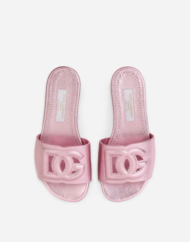 Кецове и обувки Dolce & Gabbana Flat Metallic Leather Monogram Slide Sandals Розово | D11032A54398M305, 3