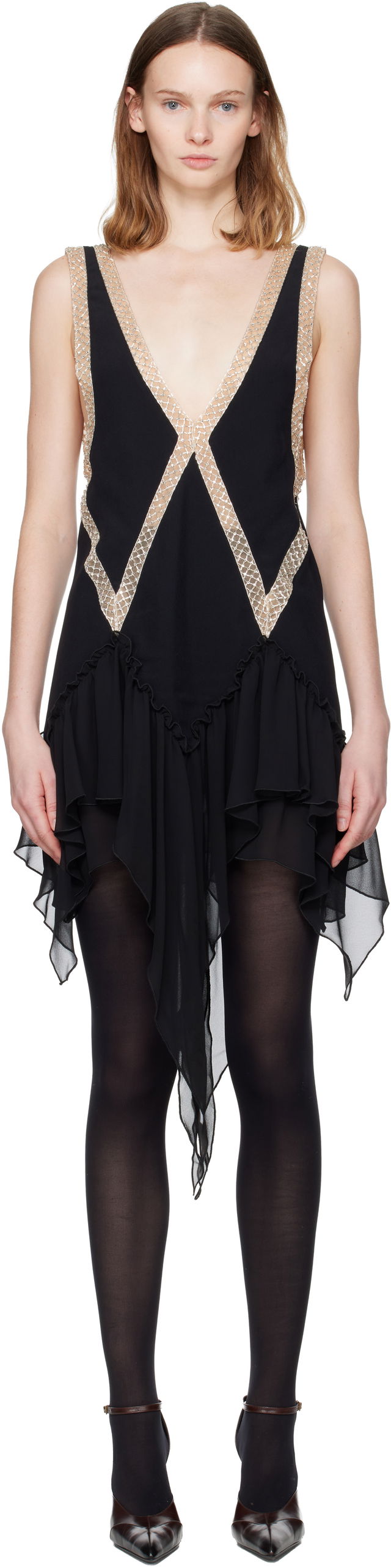 Beaded V-neck Ruffled Minidress