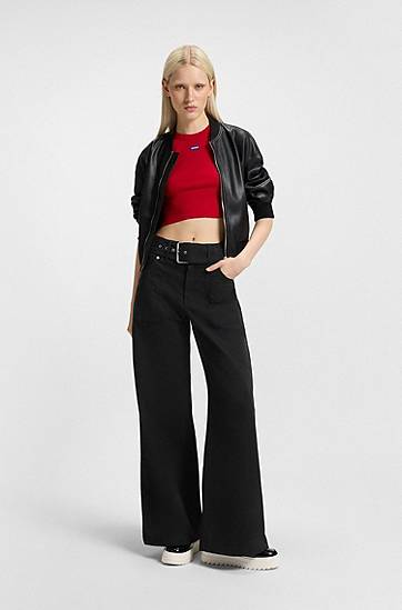 Панталони BOSS Belted Wide-Leg Stretch-Cotton Satin Trousers Черно | 50548143, 1