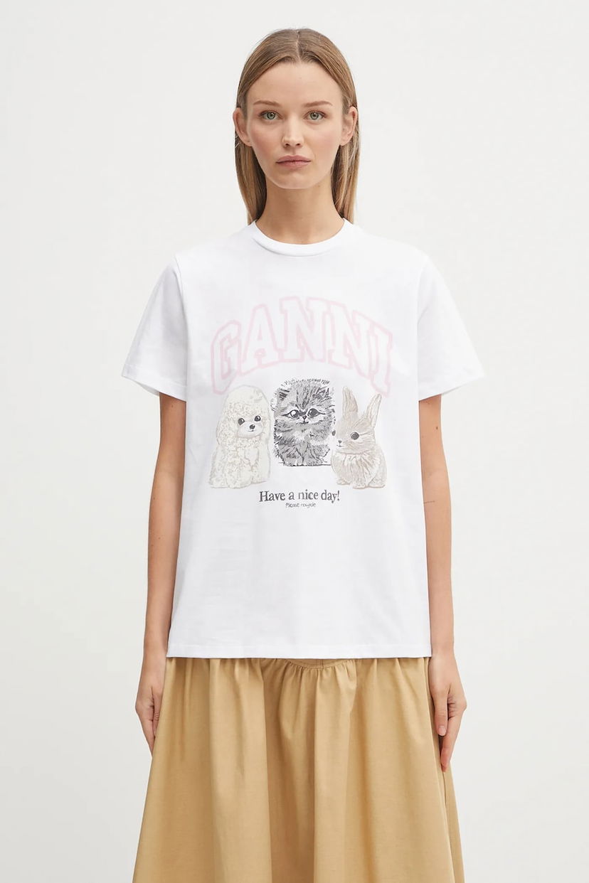 Тениска GANNI GANNI Basic Cotton Jersey Animals Relaxed T-Shirt Бяло | T4376