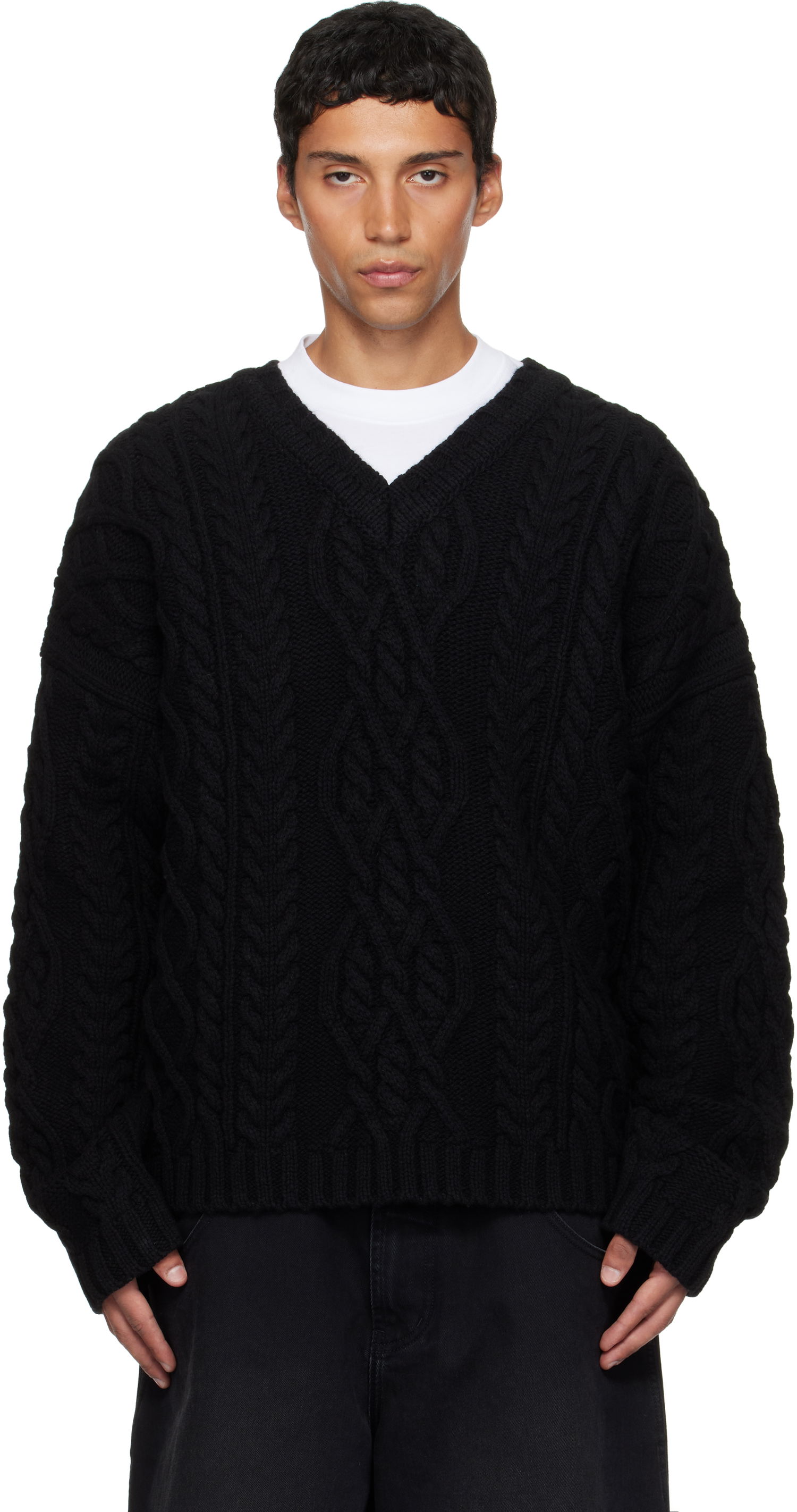 Пуловер VETEMENTS VETEMENTS Cable Knit V-Neck Sweater Черно | UH76KN600B, 0