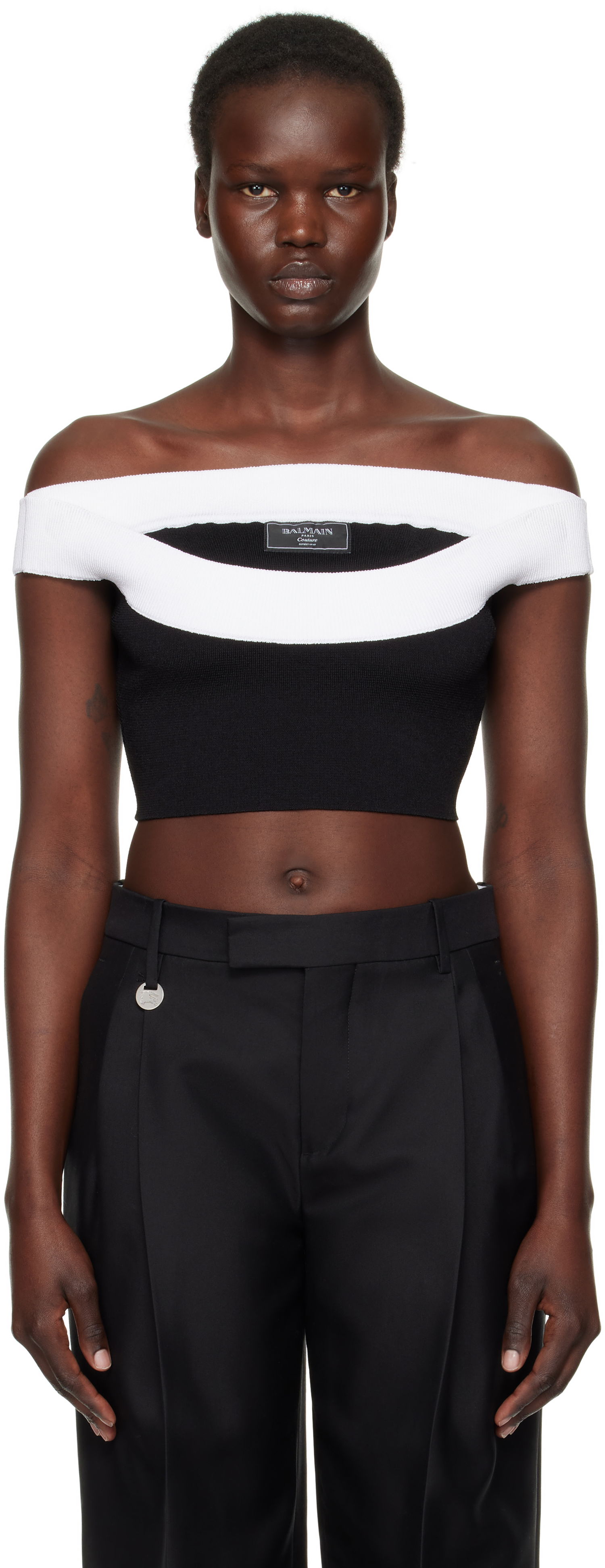 Пуловер Balmain Balmain Two-Tone Knit Cropped Top Черно | EF1AA375KH82, 0