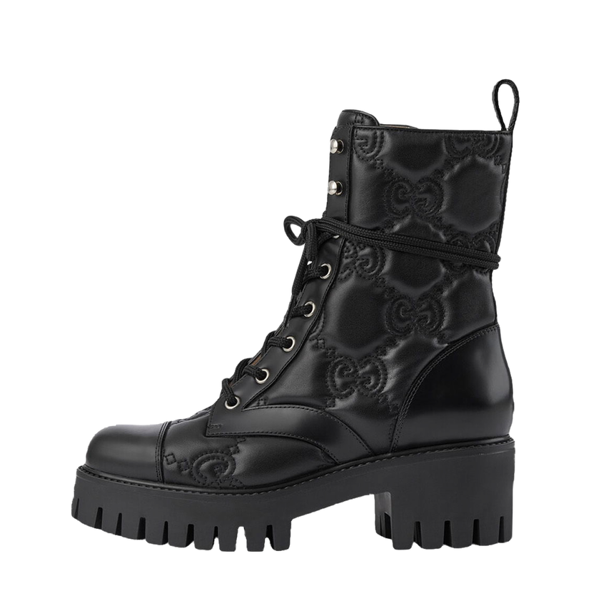 Кецове и обувки Gucci GG 70mm Quilted Lace Up Boots 'Black Leather' Черно | 718386 DS8U0 1000