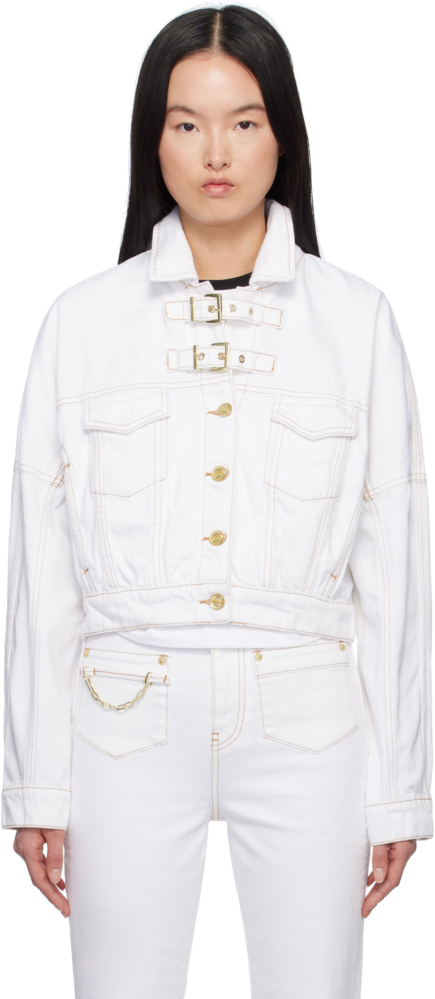 Яке GANNI GANNI Pin-Buckle Cropped Denim Jacket Бяло | J1658, 0