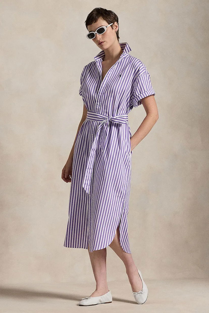 Pокля Polo by Ralph Lauren Cotton Striped Midi Polo Shirt Dress with Tie-Waist Многоцветен | 211959911