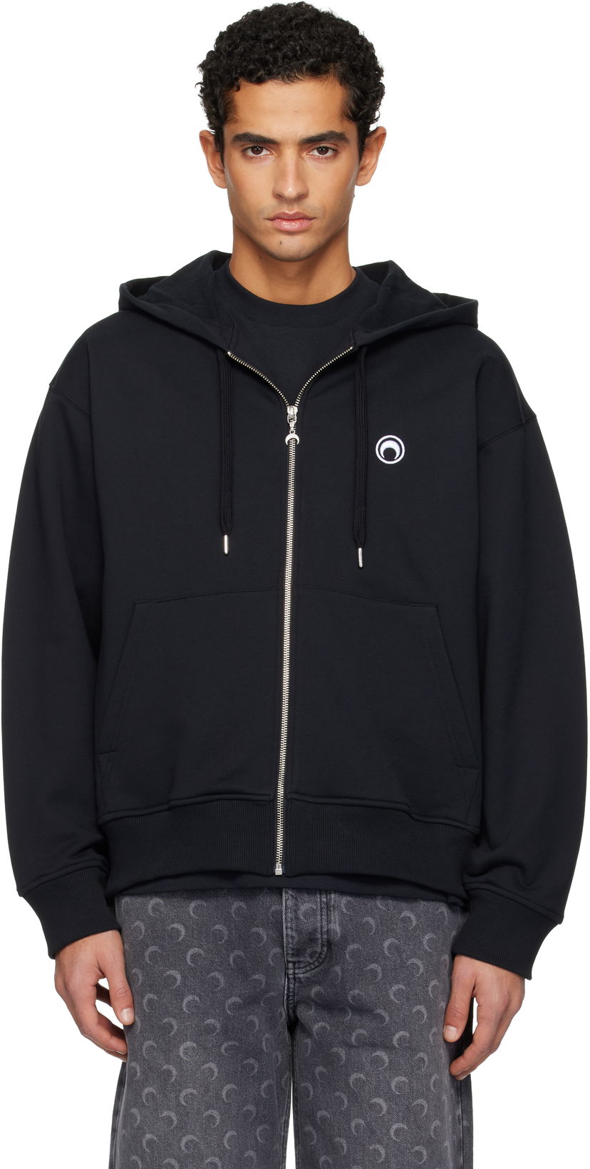 Суитчър Marine Serre Moon Logo Zipped Hoodie Черно | UST017BCJER0013