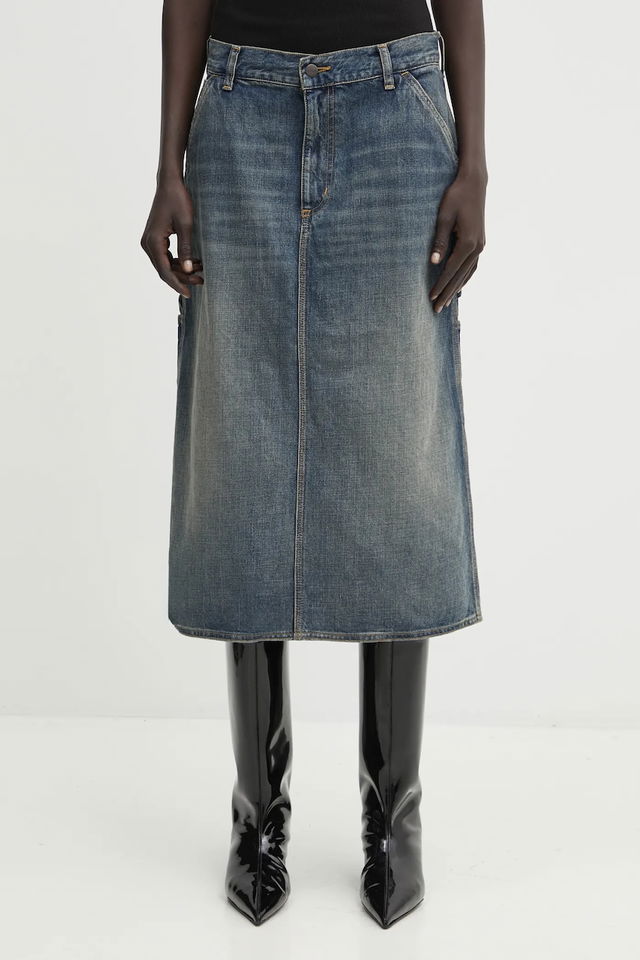 Single Knee Denim Midi Skirt