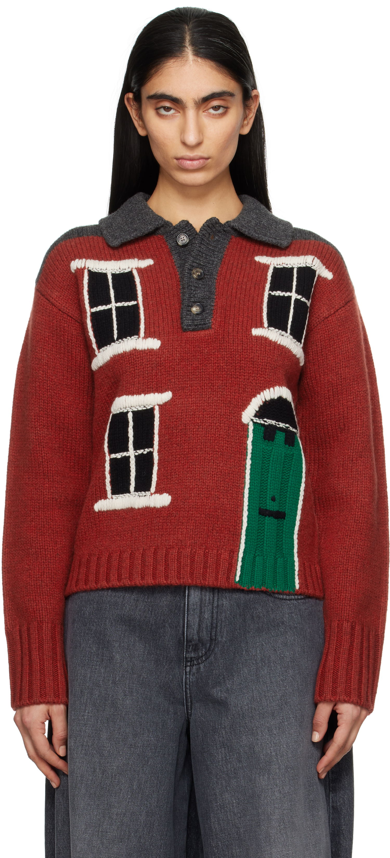 Пуловер JW Anderson JW Anderson House Intarsia Polo Sweater Червено | KW1405-YN0413, 0