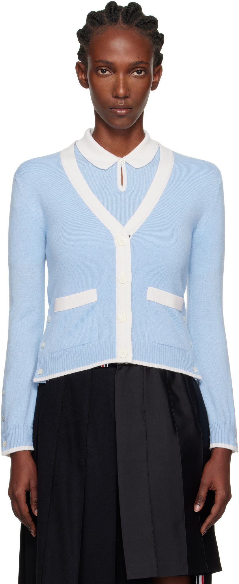 Пуловер Thom Browne Thom Browne Jersey Stitch Cashmere V-Neck Cardigan Синьо | FKC581A-Y2001