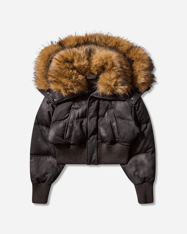 Distressed Cropped Puffer Jacket with Faux Fur Hood