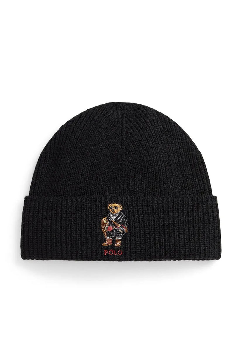 Шапка Polo by Ralph Lauren Ribbed Wool Blend Beanie with Polo Bear Черно | 449P02041