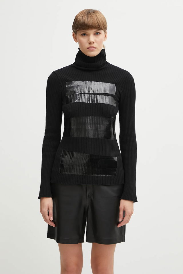 Ribbed Wool-blend Turtleneck Sweater with Glossy Patches