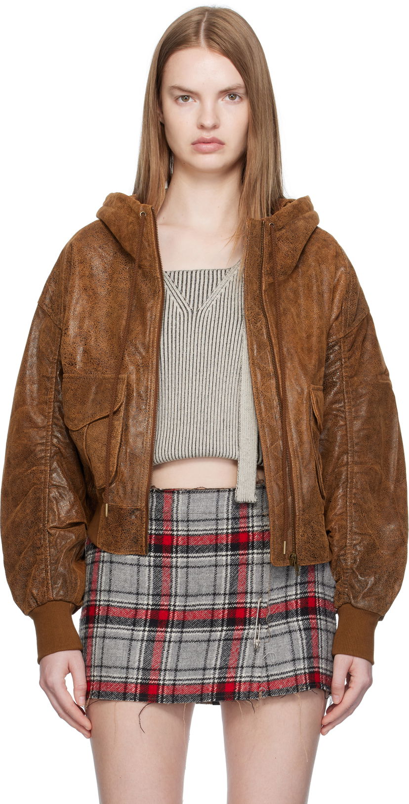 Яке бомбър R13 R13 Shirred Oversized Leather Bomber Jacket Кафяво | R13WR429-R540A