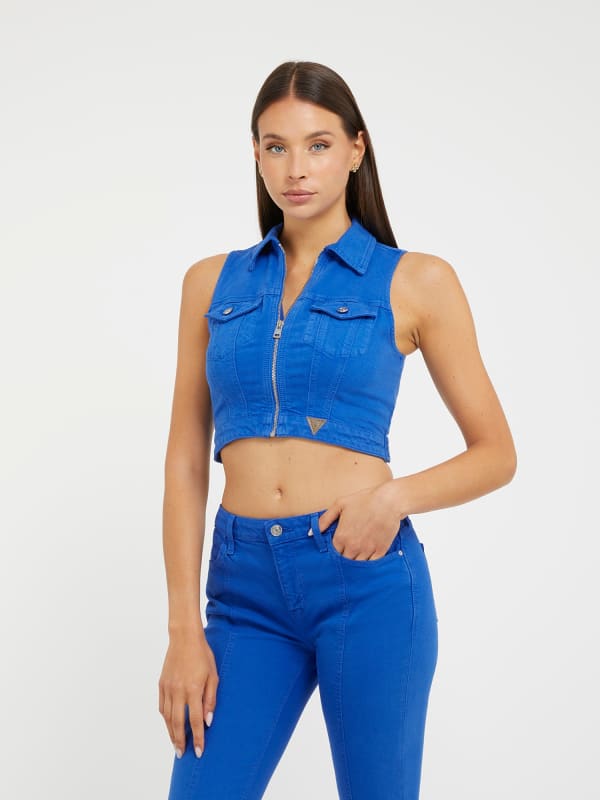 Съкратен топ GUESS Denim Crop Top Тъмно синьо | W3YH03D3DN0, 0
