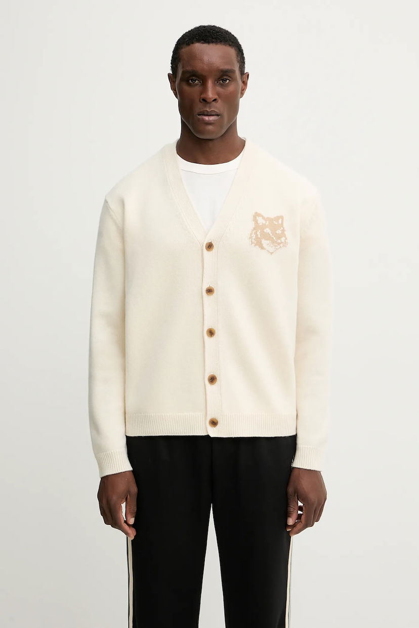 Пуловер MAISON KITSUNÉ Fox Head Intarsia Merino Cardigan Бяло | PM00509KM0329