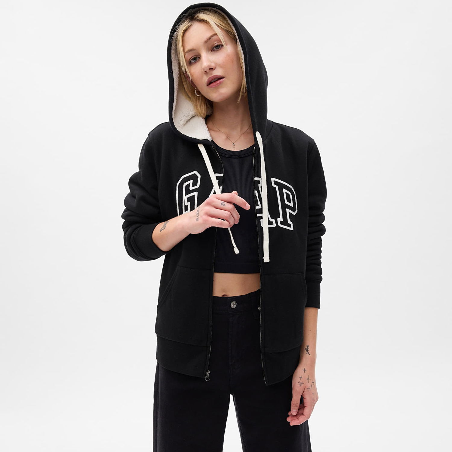 Суитчър GAP Sweatshirt Logo Sherpa Fullzip Hoodie True Black XS Черно | 741325-05, 0