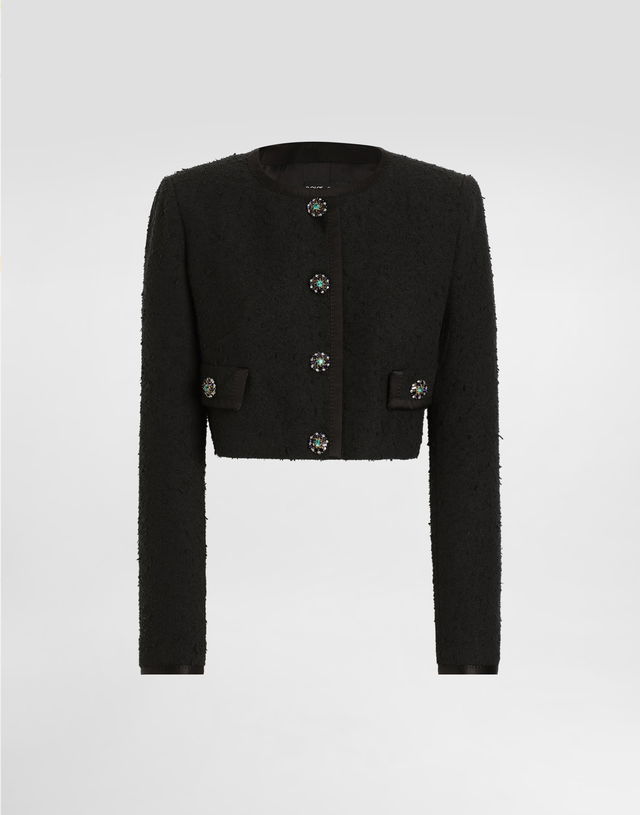 Rachel Cropped Basketweave Jacket with Embellished Buttons