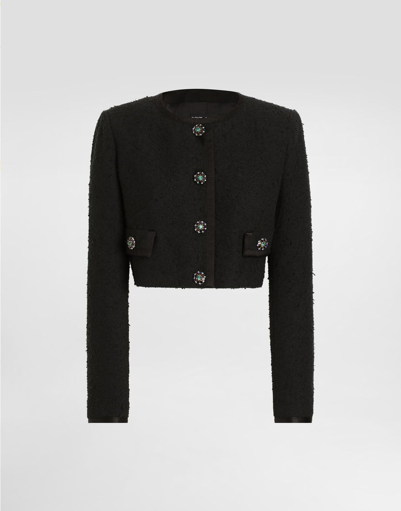 Яке Dolce & Gabbana Rachel Cropped Basketweave Jacket with Embellished Buttons Черно | F27IHZHUMWJN0000