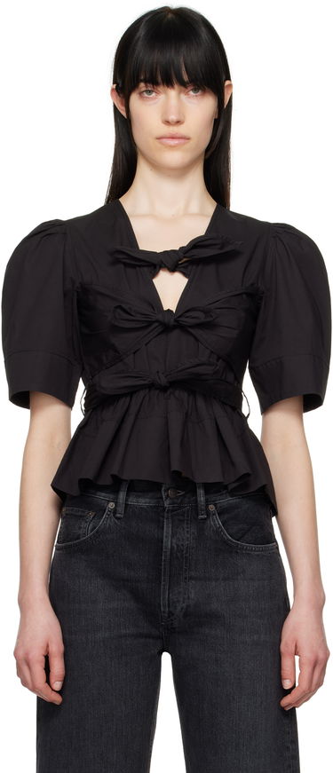 Съкратен топ GANNI Ganni Tie Strap Stretch Cotton Peplum Blouse Черно | W0378, 0
